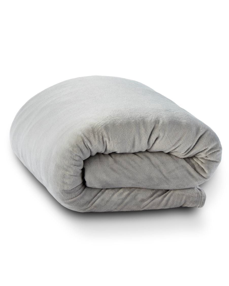 a plush grey blanket rolled up