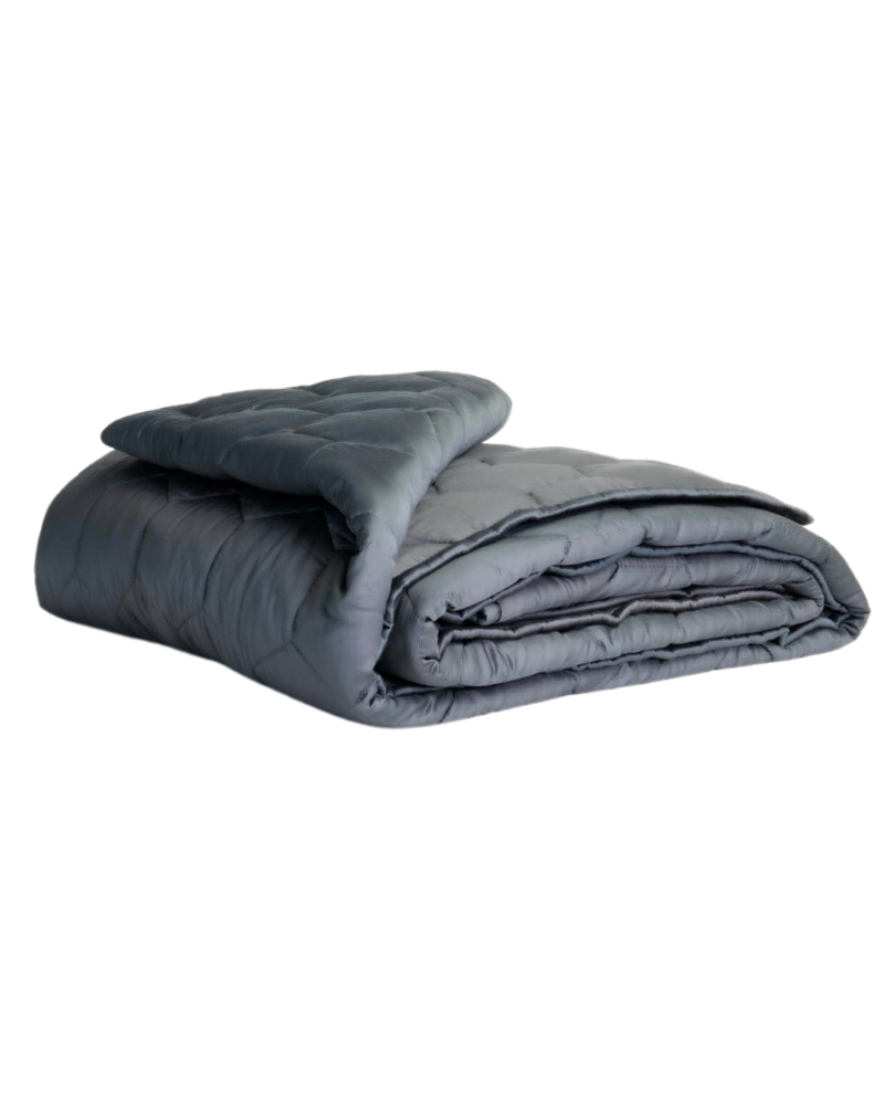 a grey weighted blanket folded up
