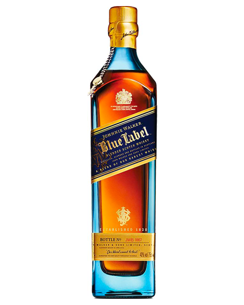 blue bottle of amber whisky